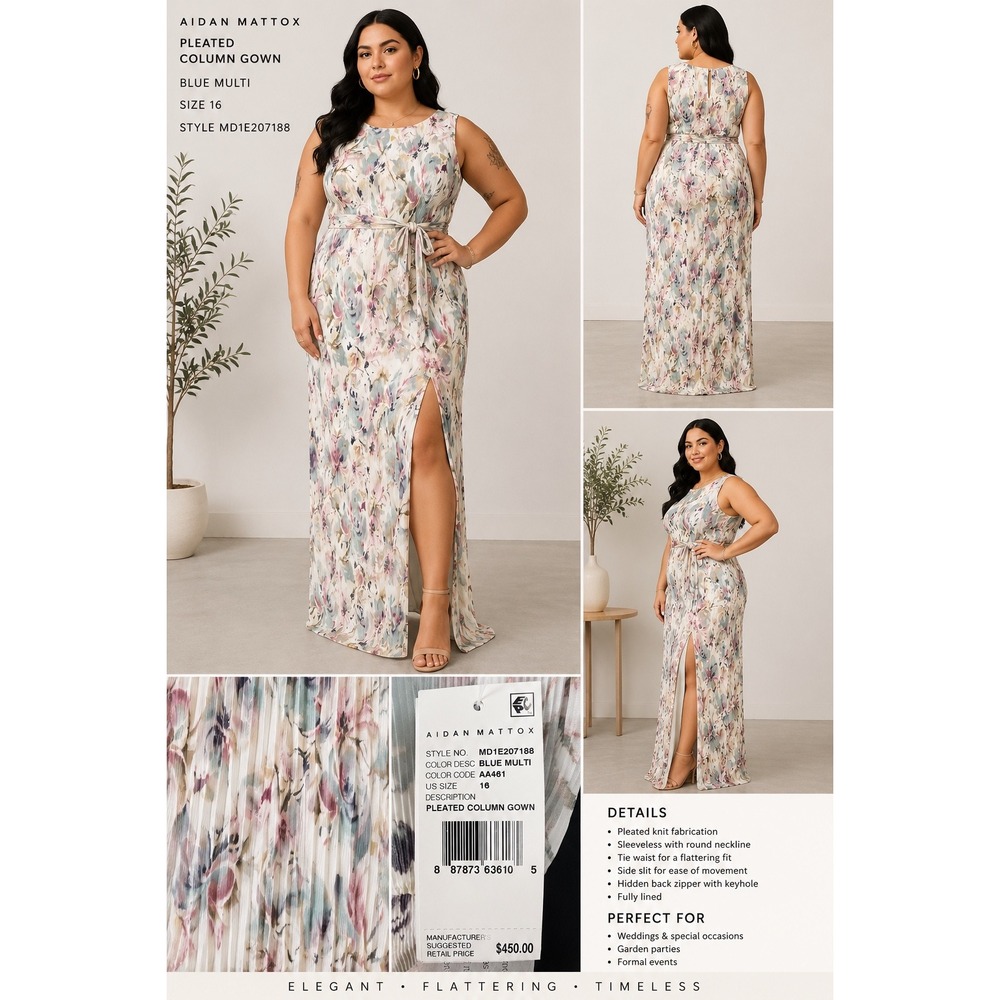 Aidan Mattox Pleated Column Gown Blue Multi Floral Maxi Dress MD1E207188 Size 16